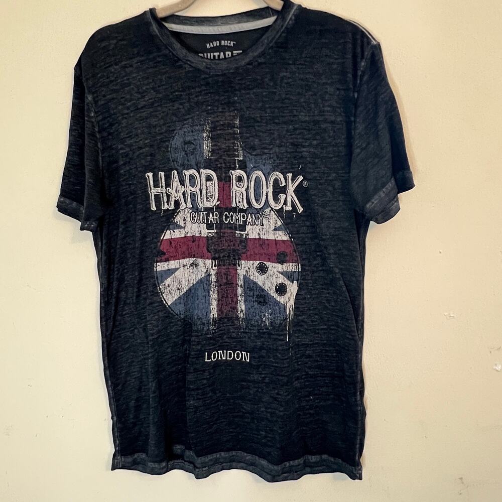 Hard Rock Guitar Company London T Shirt Men's M Union Jack Guitar Black Burnout
